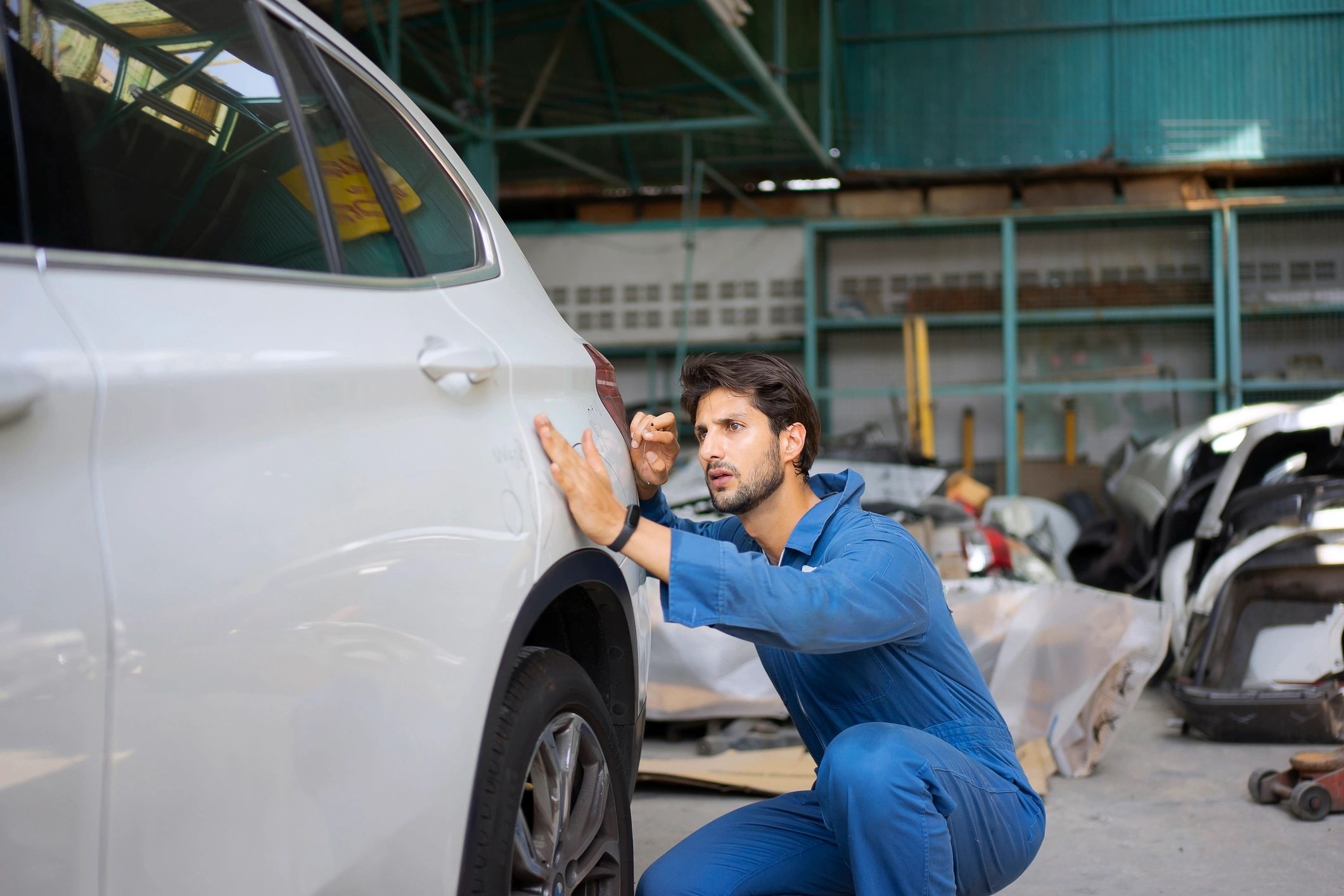 Auto mechanic performing vehicle maintenance in a garage